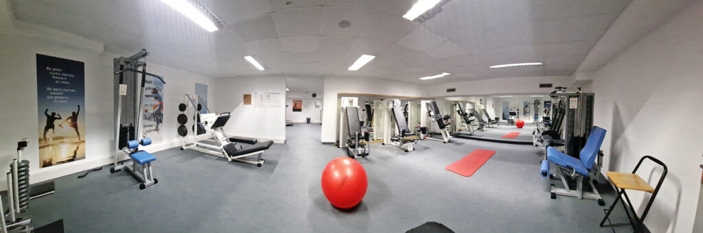 Kraftkammer mit Cardio-Geräten (Stepper, Fahrräder, Rudergerät. Laufband), Fernseher, Teppichboden